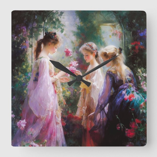 Relógio Quadrado Três meninas brincando em um jardim  (Frente)