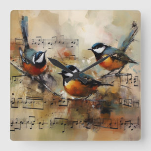 Relógio Quadrado Três Pássaros Canoros na Pintura em Aquarela de Pa