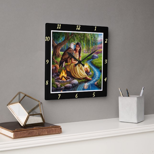Relógio Quadrado Trilhos Nativos: A Águia Trapeia o Sussurro de Wil (Escritório)