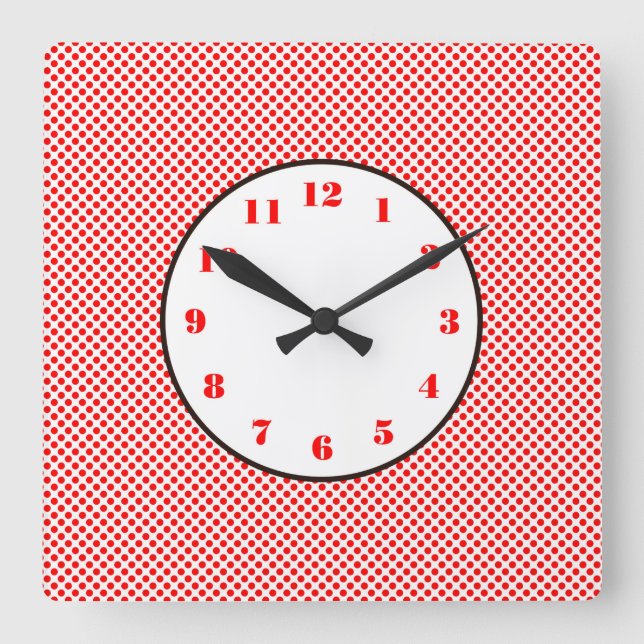 Relógio Quadrado Trim preto de pontos brancos vermelhos (Frente)