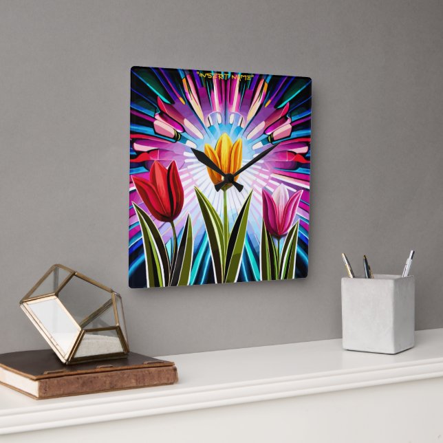 Relógio Quadrado Trio de Tulipas: Um Burst de Beleza Springtime (Escritório)