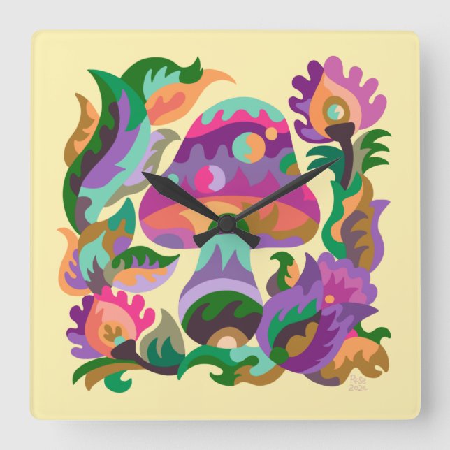 Relógio Quadrado Trivet Mágico do Arco-Íris de Cogumelo (Frente)