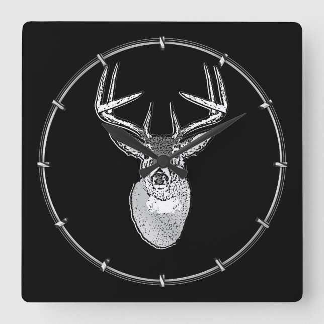 Relógio Quadrado Troféu Buck em Black White Tail Deer (Frente)