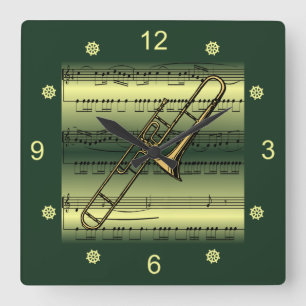 Relógio Quadrado Trombone~Música em Folha Rolada~Fundo Dourado/Verd