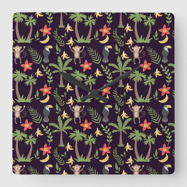 Relógio Quadrado Tropical animals seamless pattern monkey & macaw (Frente)