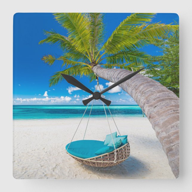 Relógio Quadrado Tropical Beaches | Tropical Landscape Beach Swing (Frente)