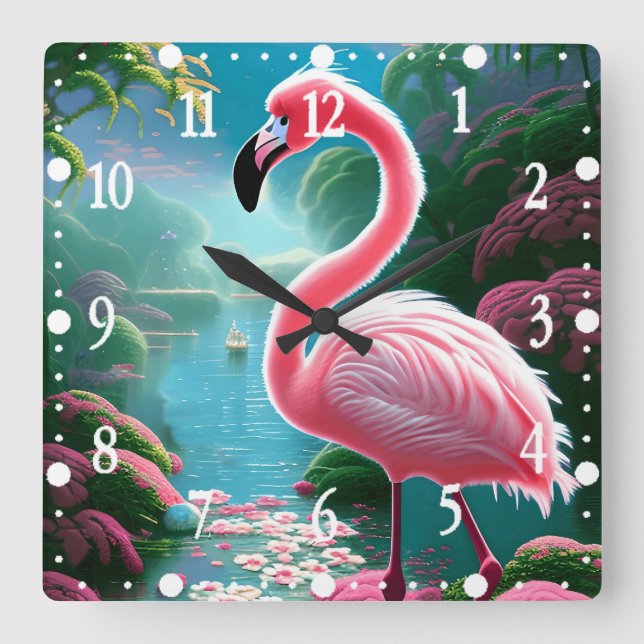 Relógio Quadrado Tropical Flamingo-70852 Elegante (Frente)