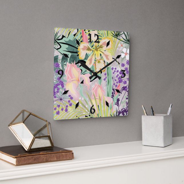 Relógio Quadrado Tropical pattern with orchids. (Escritório)