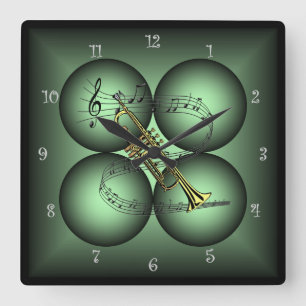 Relógio Quadrado Trumpet ~ 4 Globe ~ Musical Clock ~Musical Scale ~