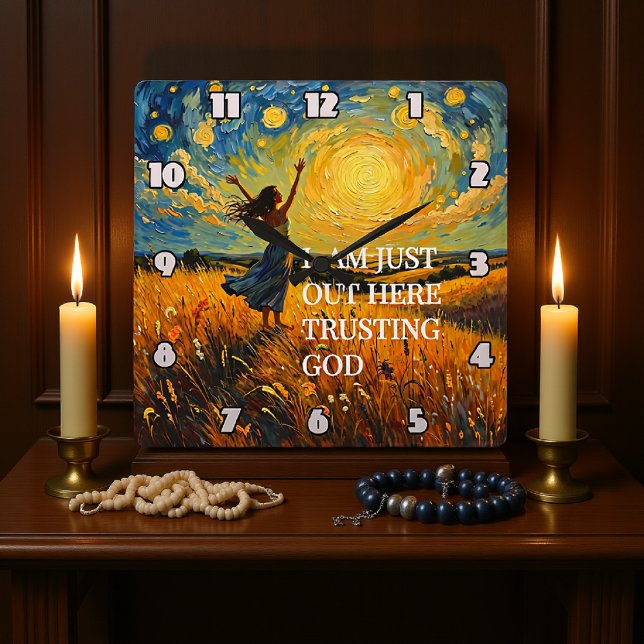 Relógio Quadrado Trusting God in a Golden Field Artwork (Criador carregado)