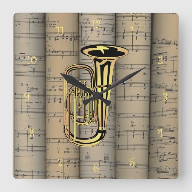 Relógio Quadrado Tuba ~ Rolled Sheet Music Background ~ Musical (Frente)
