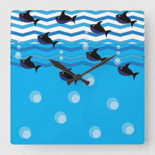 Relógio Quadrado Tubarões, Crianças de Peixes Azuis