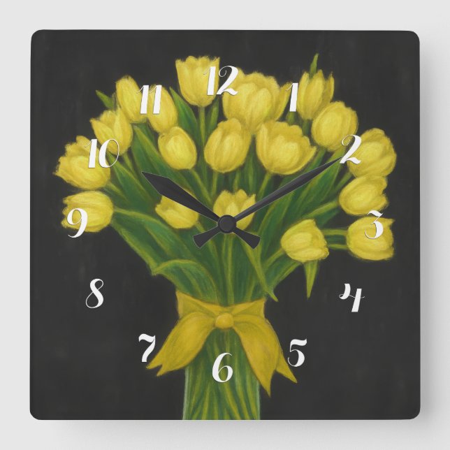 Relógio Quadrado Tulipas Amarelas Chalkboard (Frente)