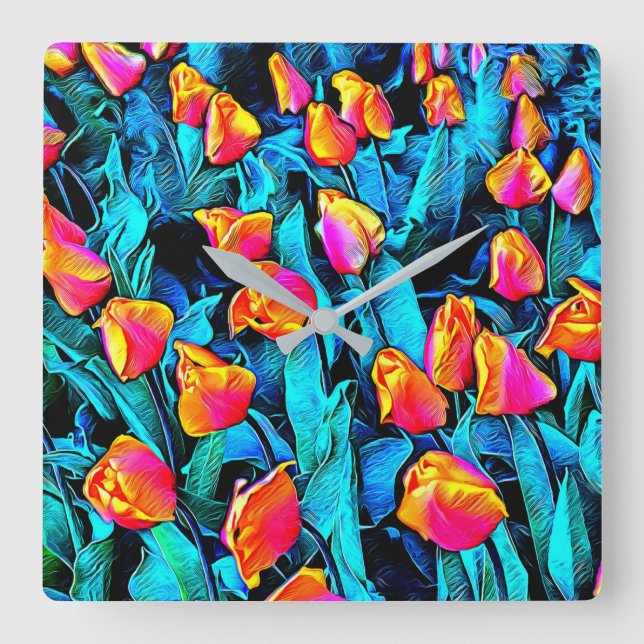 Relógio Quadrado Tulipas de Artsy Laranja e Dourada (Frente)