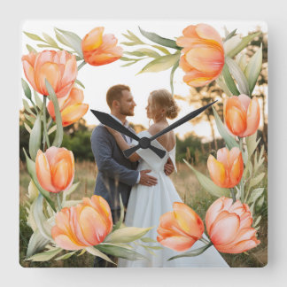 Relógio Quadrado Tulipas Laranja Fronteira Casal Casamento Aquarela