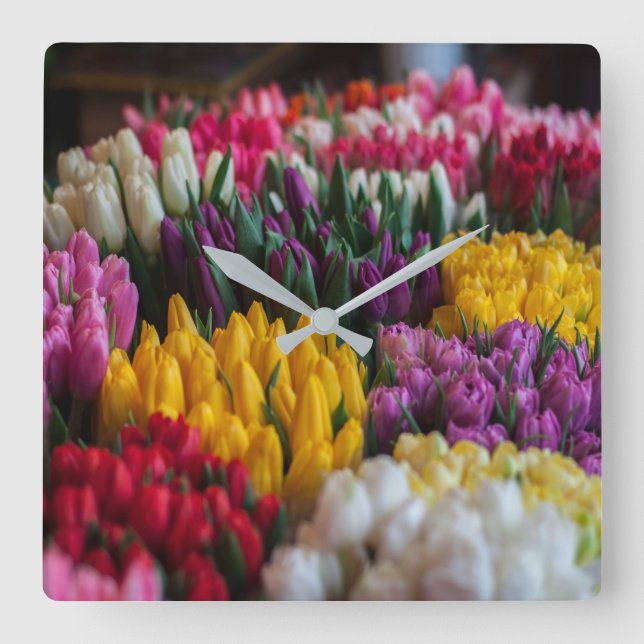 Relógio Quadrado Tulipas multicoloridas (Frente)