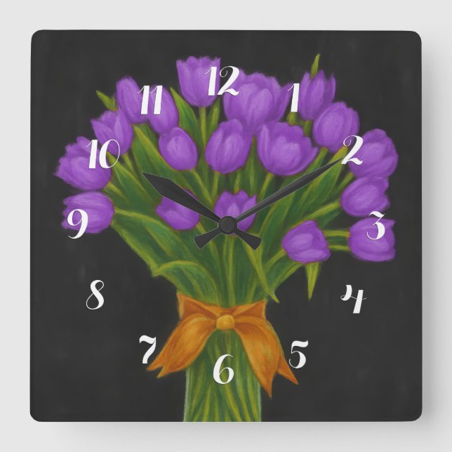 Relógio Quadrado Tulipas Roxas Chalkboard (Frente)