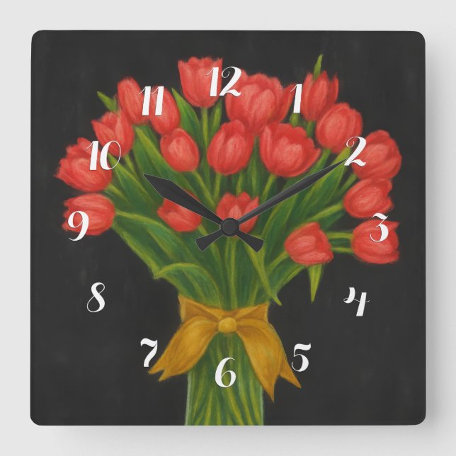 Relógio Quadrado Tulipas Vermelhas Chalkboard (Frente)