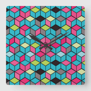 Relógio Quadrado Turquesa e teste padrão cor-de-rosa do cubo