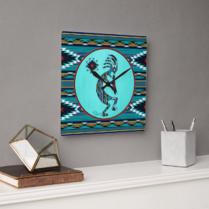 Relógio Quadrado Turquoise Kokopelli Large Wall Clock