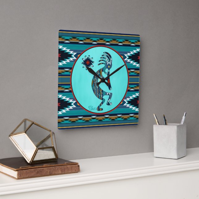 Relógio Quadrado Turquoise Kokopelli Large Wall Clock (Escritório)