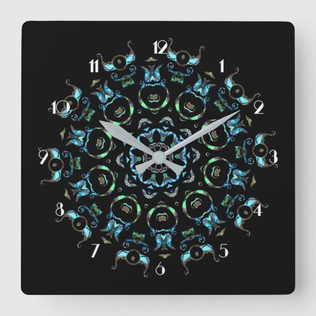 Relógio Quadrado Turquoise Pearl Mandala Square Wall Clock (Frente)