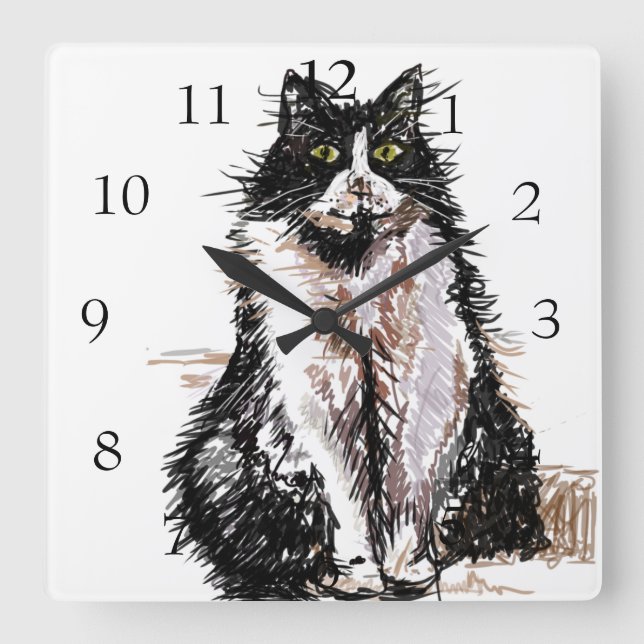 Relógio Quadrado Tuxedo Cat Cats Art Animal Childs NurserRoom (Frente)