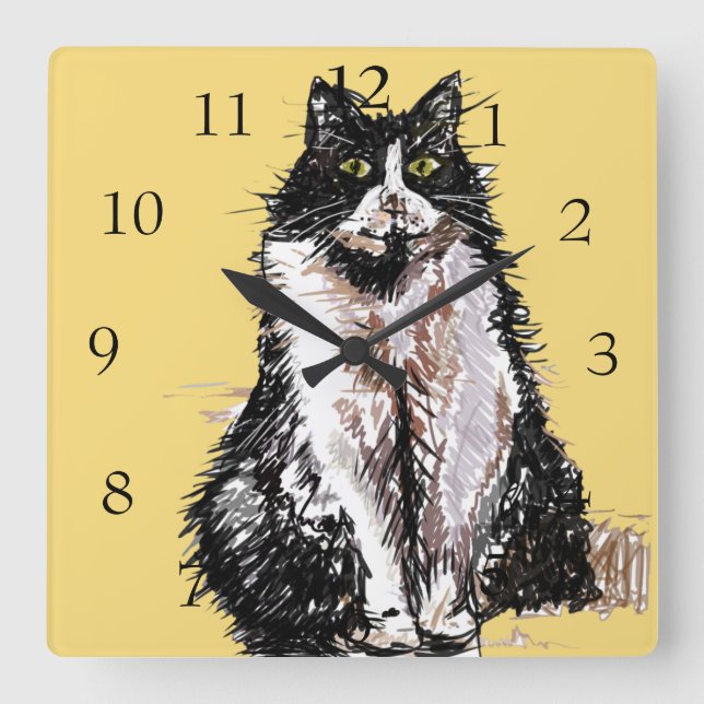 Relógio Quadrado Tuxedo Cat Cats Art Animal Childs NurserRoom (Frente)