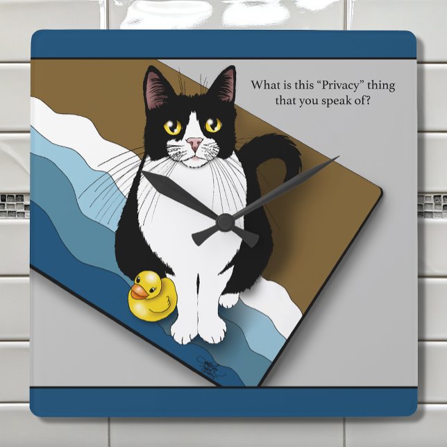 Relógio Quadrado Tuxedo Cat Funny Bathroom Privacy Blue (Criador carregado)