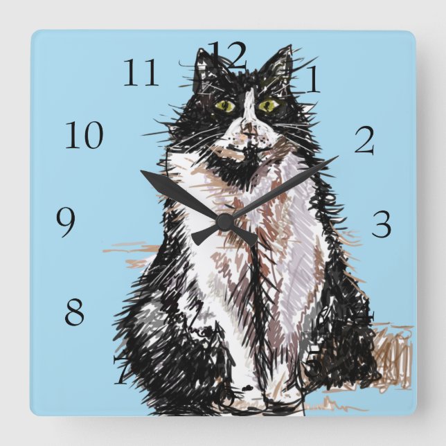 Relógio Quadrado Tuxedo Cat Gats Art Animal Childs Sala de Enfermei (Frente)