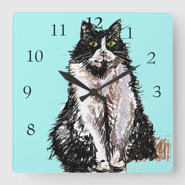 Relógio Quadrado Tuxedo Cat Gats Art Animal Childs Sala de Enfermei (Frente)