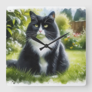 Relógio Quadrado Tuxedo Cat no Garden Watercolor Wall Clock