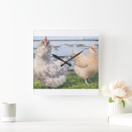 Relógio Quadrado Two Chickens Farmhouse Kitchen Wall Clock