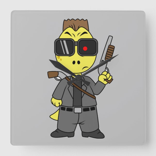 Relógio Quadrado Tyrannosaurus Rex Vestido Como Terminador. (Frente)