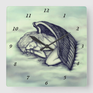 Relógio Quadrado Um anjo dormindo no céu nuvens de verde