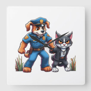 Relógio Quadrado um cão de polícia e um gato malvado - humor