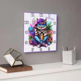 Relógio Quadrado Um gato legal desfrutando de uma vibrante cena de 