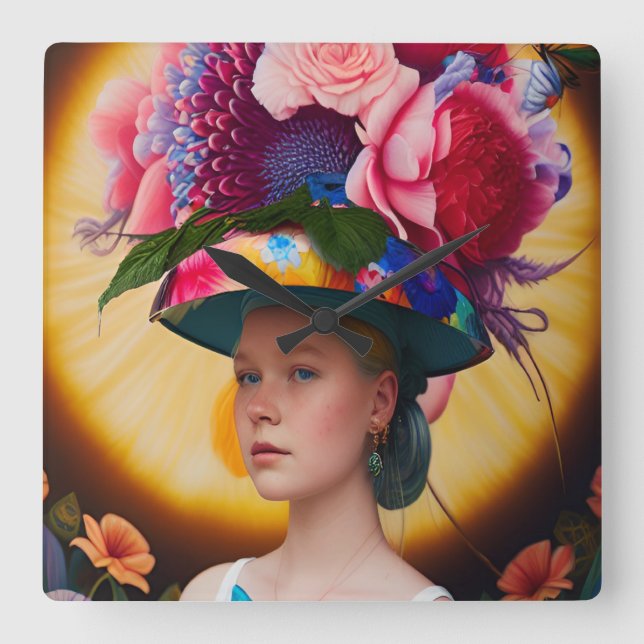 Relógio Quadrado Uma senhora com um chapéu de sol floral (Frente)