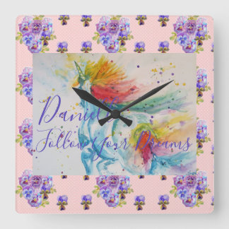 Relógio Quadrado Unicorn Watercolor Pink Floral Girls Name Blanket
