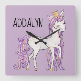 Relógio Quadrado Unicórnio Branco Roxo Tiara