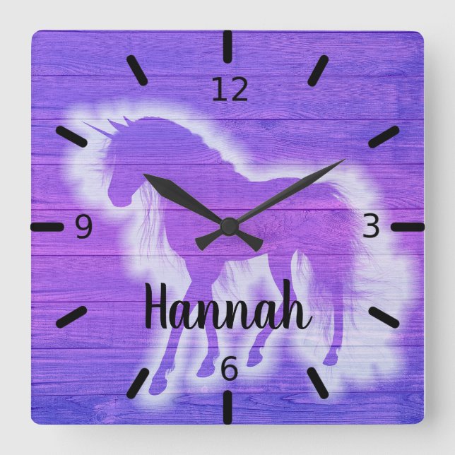Relógio Quadrado Unicórnio Roxo Personalizado (Frente)