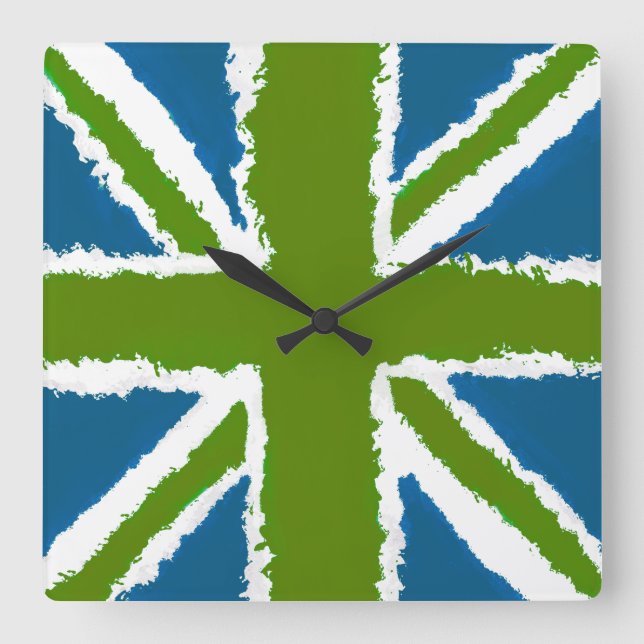 Relógio Quadrado Union Jack Art Green Teal Tones Wall Art (Frente)