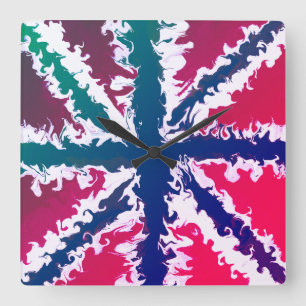 Relógio Quadrado Union Jack Painted UK Art Pink Blue Laser