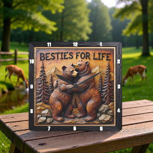 Relógio Quadrado Urso de Abraço Montanha Pine