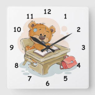 Relógio Quadrado Urso de Cartoon Bonito Escrevendo Livro