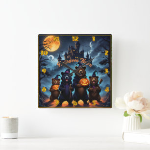 Relógio Quadrado Urso de Halloween reunido numa floresta assustador