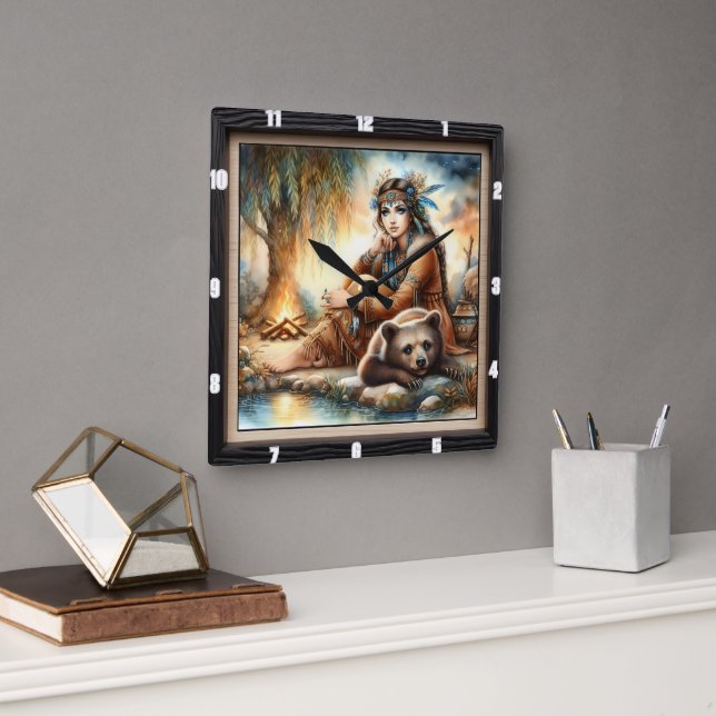 Relógio Quadrado Urso de Mulher Indígena Natural (Escritório)