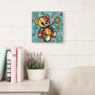 Relógio Quadrado Urso de Natal em Patchwork Caprichoso
