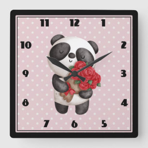 Relógio Quadrado Urso Panda Bonito com Rose Bouquet