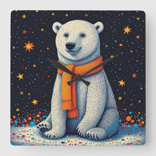 Relógio Quadrado Urso Polar Caprichoso com Cachecol Laranja (Frente)
